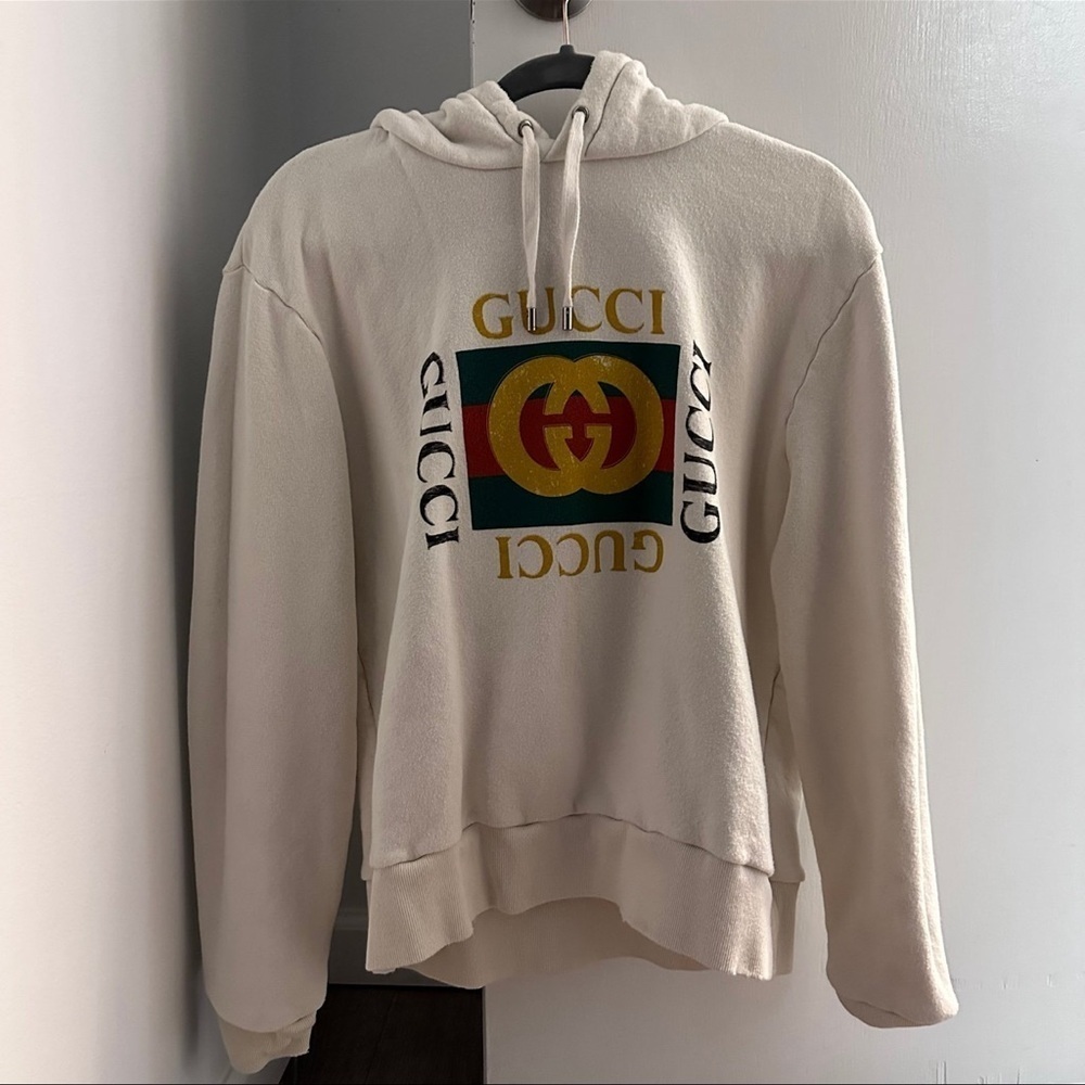 Gucci Cream Hoodie with Multicolor Logo